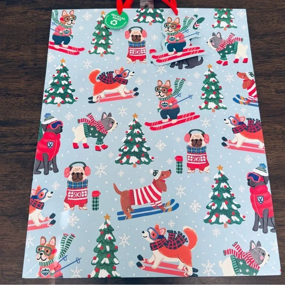 Christmas Holiday Ski Sled Winter Dogs Large Gift Bag